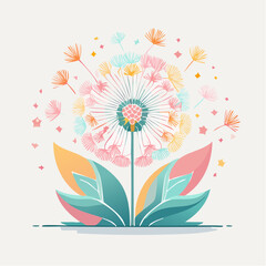 Stylized Dandelion With Floating Seeds In Pastel Colors Against A Light Background With Leaf Motifs