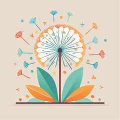 Abstract Dandelion Seed Head Exploding with Colorful Petals and Leaves Against a Neutral Background