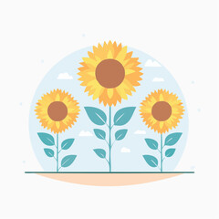 Three Large Yellow Sunflowers With Green Stems And Leaves Grow In A Field Under A Blue Sky With Clouds