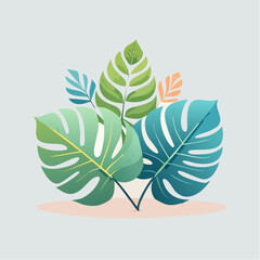 Monstera Leaves In Shades Of Green Blue And Orange Against A Light Grey Background With Subtle Lighting