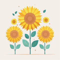 Several Sunflowers With Yellow Orange Petals And Green Leaves On A Light Beige Background With Small Orange Sparkles