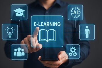 Elearning interface on smartphone connecting education ai innovation and teamwork icons