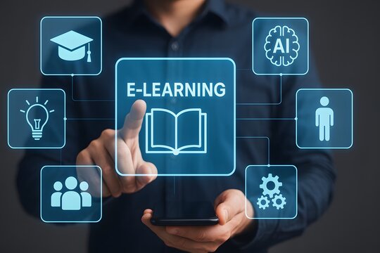 Elearning interface on smartphone connecting education ai innovation and teamwork icons - Powered by Adobe