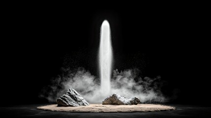 A dramatic spotlight illuminates a stream of sand falling like a waterfall, surrounded by mist and two textured rocks on a sandy surface against a black backgro