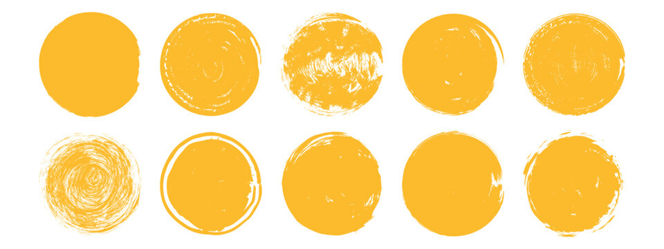 Grunge brush sun set. Hand drawn rough circles. Abstract crayon round stamp collection
