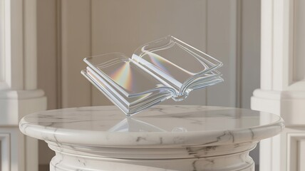 Iridescent Glass Book on Marble Plinth: Symbol of Knowledge, Innovation and Illumination.