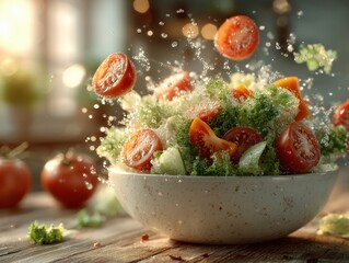 Fresh Salad with Dynamically Splashing Ingredients in White Bowl, Bright Kitchen Natural Lighting, Healthy Food