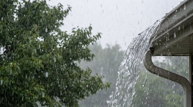 Heavy rain pours from a gutter during a summer storm, creating a cascading waterfall effect