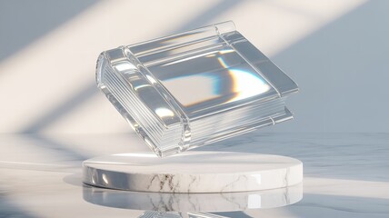 Crystal Book on Aqua Marble Podium: A Symbol of Knowledge and the Future.