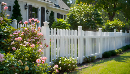 White picket with pink flowers in front of a house forming a simple scene with the fence in the foreground and the pink flowers positioned near the house creating a quiet residential composition
