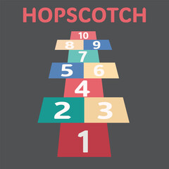 Colorful hopscotch child game , fun outdoor activity for kids. Flat vector illustration isolated on white background. Children street game and playground.