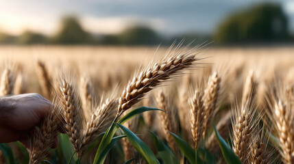 Fototapeta premium Golden wheat stalks in sunlit field with hand gently touching grain, evoking peaceful rural atmosphere