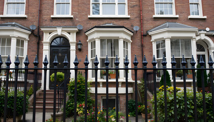 Black iron fence in front of a brick building creating a structured urban scene where the metal fence stands before the brick surface forming a simple architectural composition with strong textures