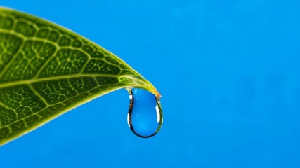 Closeup of a single, clear water droplet hanging from the edge of a vibrant green leaf against a solid bright blue background, symbolizing freshness and nature - Powered by Adobe