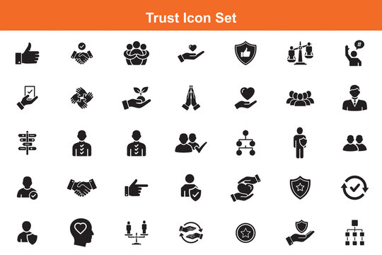 Trust Icon Set Vector: Handshake, Reliability, Security, Care, Agreement, Collaboration, Safety, Success, Partnership, Teamwork