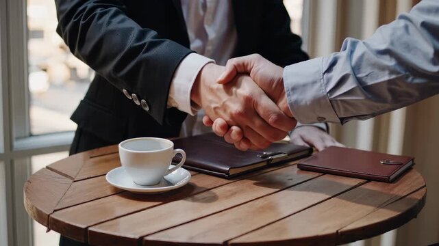 Partner handshake shows office meeting success. Businessman confirms contract and collaboration deal. Business success through partner negotiation in office. Deal finalized with business handshake