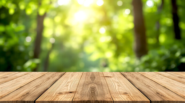 Wooden tabletop with blurred green forest background for product display