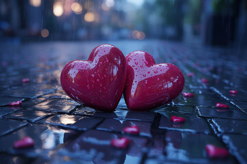 Two glossy red hearts stand together on wet cobblestones in rainy evening, perfect for a romantic Valentines Day