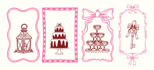 Coquette Wedding Celebration Icons &ndash; Hand Drawn Cake, Lantern, Champagne & Key Vectors for Romantic Design