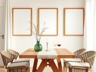 Cozy dining area with wooden table wicker chairs and framed art on wall
