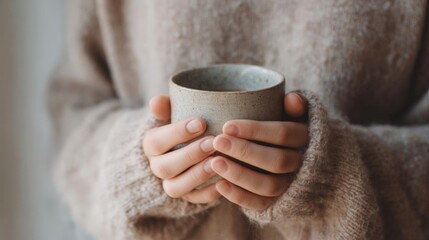 Close-up of a person's hands holding a small ceramic mug. the mug is light brown in color and has a speckled texture. the person is wearing a beige sweater, which is draped over their shoulders.