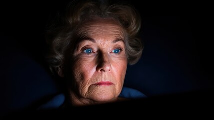 Presbyopia Woman concept Elderly woman illuminated by screen light in a dark setting.