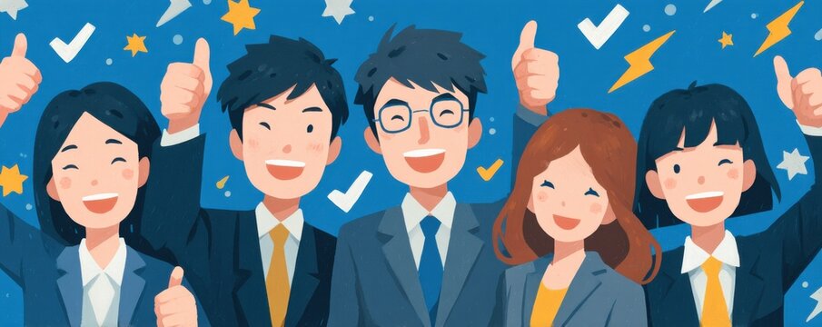 Business team celebrates success together with smiles and thumbs up in a vibrant illustration