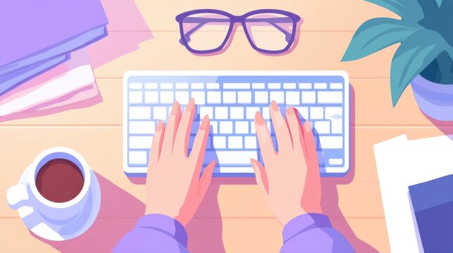 Presbyopia Woman concept Creative workspace with hands typing on a keyboard and a coffee cup nearby. - Powered by Adobe