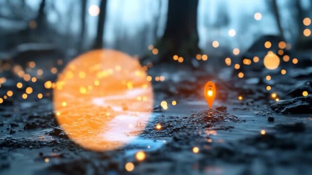 Digital glowing path and navigation pin in misty forest environment guiding forward