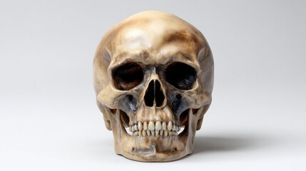 A realistic human skull model is displayed prominently on a neutral backdrop. The intricate details highlight its structure and craftsmanship, providing a clear view for studies of anatomy