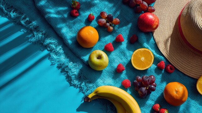 Fruit picnic on a bright blue blanket.