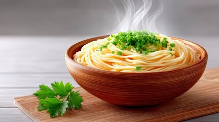 A close-up shot of a steaming bowl of yellow noodles, topped with chopped green scallions and a sprig of fresh parsley on the side. The bowl rests on a wooden b