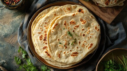 Top-down shot of Chegir Tughur, Uyghur thin flatbread neatly arranged on a minimalist plate