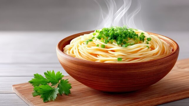 A close-up shot of a steaming bowl of yellow noodles, topped with chopped green scallions and a sprig of fresh parsley on the side. The bowl rests on a wooden b