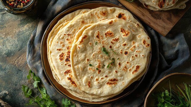 Top-down shot of Chegir Tughur, Uyghur thin flatbread neatly arranged on a minimalist plate