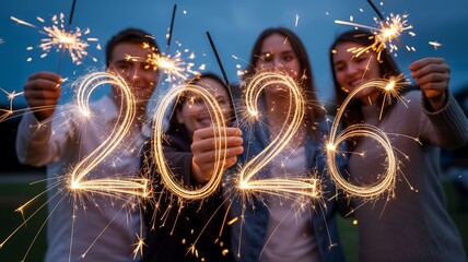 Celebrating the Arrival of 2026: Friends Holding Sparklers Outdoors at Nighttime Together