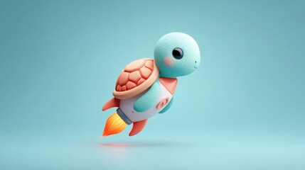 Cute cartoon turtle character flying through the air on a rocket ship