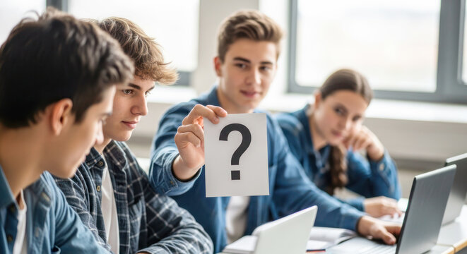 Group of young students engaged in collaborative learning, one holding a question mark sign, fostering curiosity and teamwork in a classroom setting