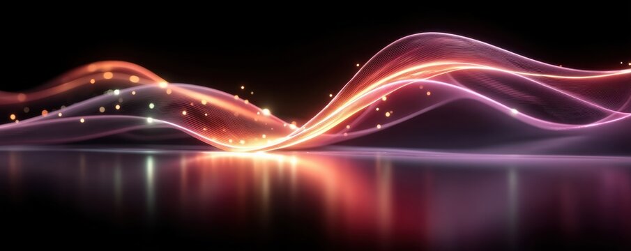 Abstract neon red wave background with flowing light ribbons and glowing particles