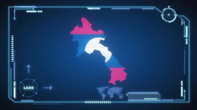 Futuristic Digital Laos map HUD animation, global network cyber technology, government, Country Map, Politics, Travel, News, and Sports Events