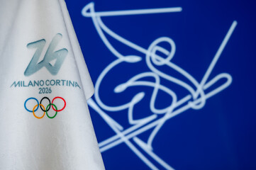 Fototapeta premium Freestyle skiing Blue Pictogram and Logo for Milan Cortina 2026 Winter Olympics, Official Winter Games Wallpaper