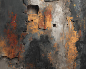 Moody distressed concrete and metal wall surface with rust streaks and worn paint — high-detail grunge texture background