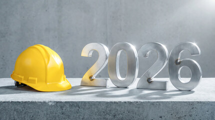 Yellow hard hat beside shiny silver numbers representing the year 2026 on a concrete surface, symbolizing new beginnings and construction themes