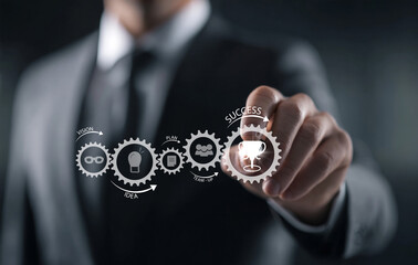Businessman touching a digital cogwheel chain displaying the business process from vision and idea to planning, teamwork, and ultimately achieving success and a trophy.