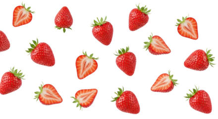 Flying strawberries of various sizes arranged dynamically, showcasing vibrant colors and fresh textures for visual appeal. Isolated on transparent background.