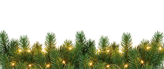 Horizontal festive border made of realistic green spruce branches adorned with warm lights, perfect for holiday-themed designs and decorations. Isolated on transparent background.