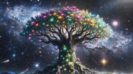 Fantasy tree with glowing lights and flowers in a night sky scene - Powered by Adobe