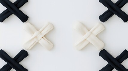 Abstract composition of black and white 'X' shaped game pieces arranged in a tic tac toe grid pattern on a plain white background. Clean, minimalist aesthetic.