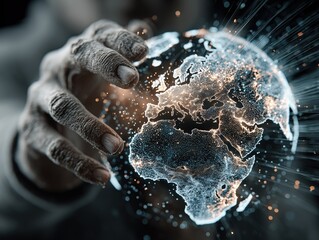 Person Interacting with Glowing Blue Holographic Globe and Digital Icons, Futuristic Global Network Tech Concept