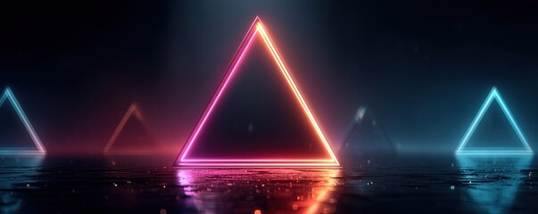 Vibrant neon triangles form a futuristic, reflective scene with glowing lines across a dark, misty surface